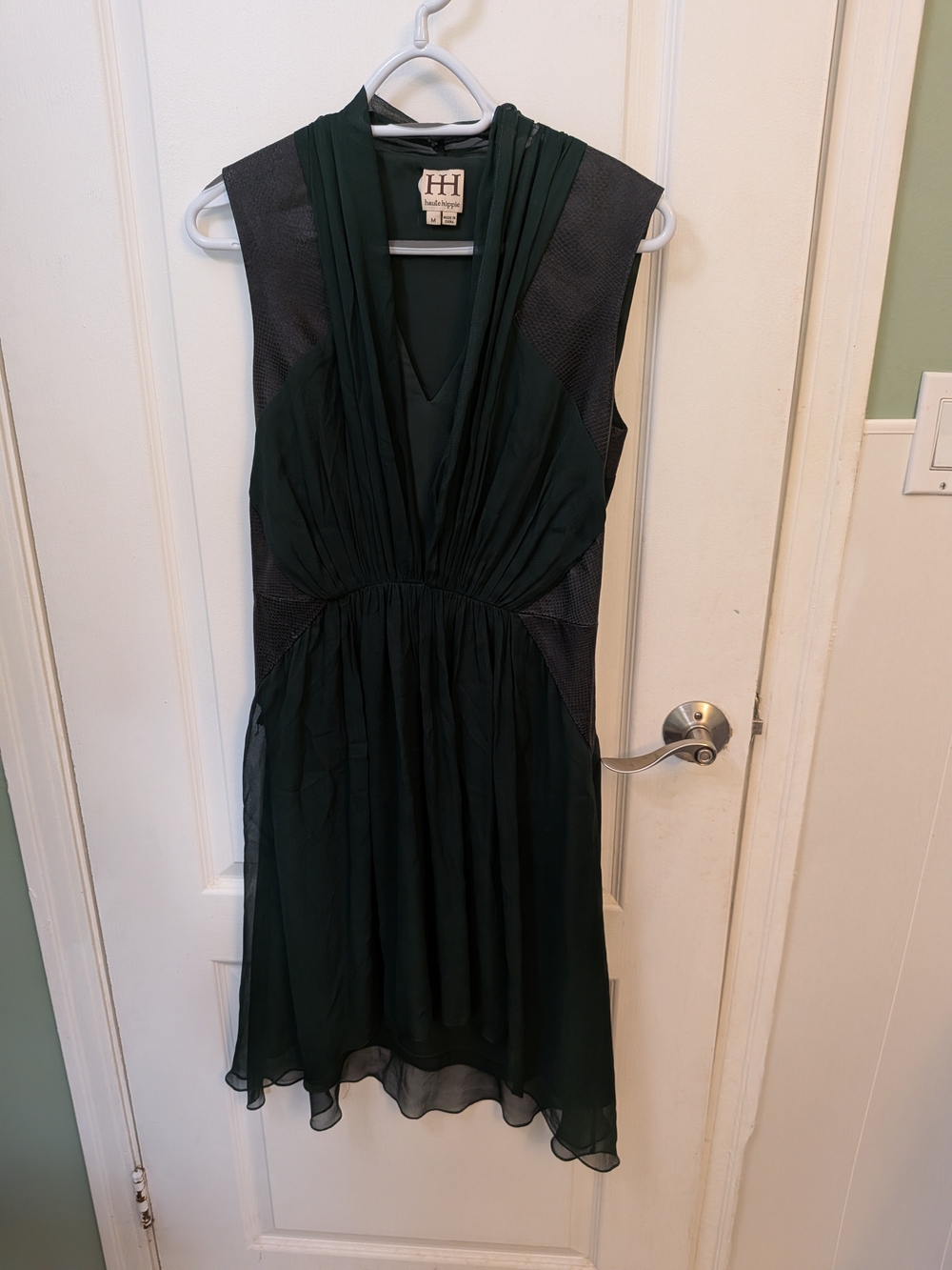 Haute Hippie Dark Green Silk & Lambskin V-Neck Sleeveless Dress